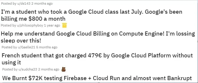 A Screenshot of Some Reddit Posts About Cloud Billing