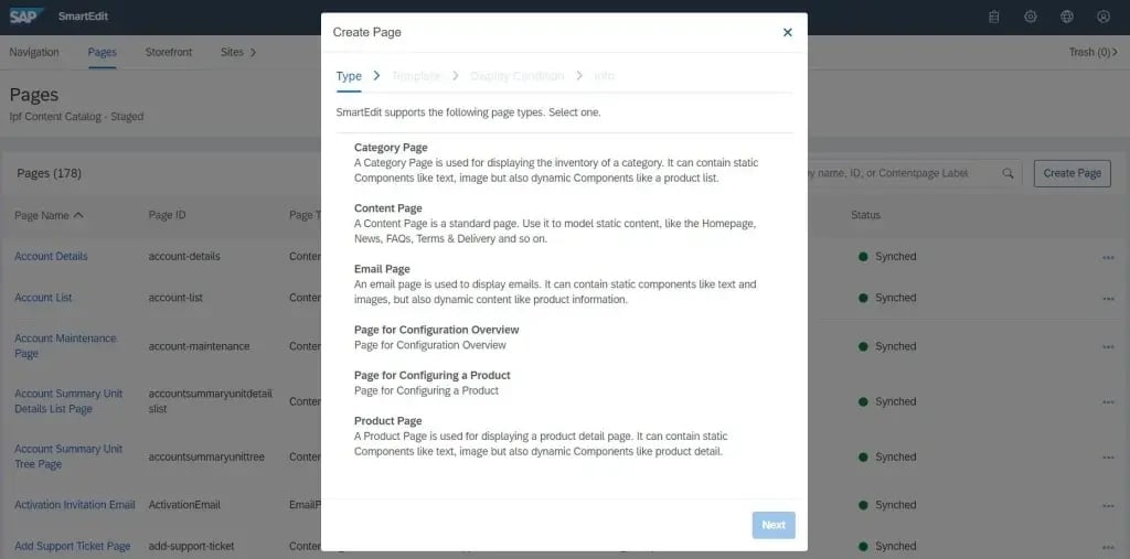 Create Page button and select the desired page type