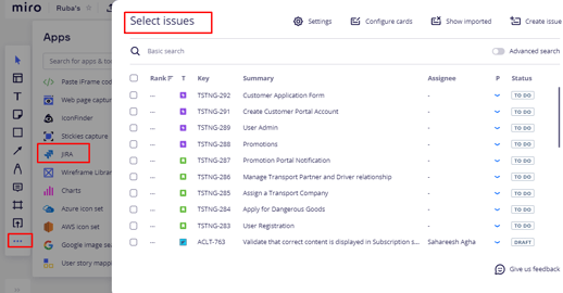 MIRO Menu Displaying Jira Issues