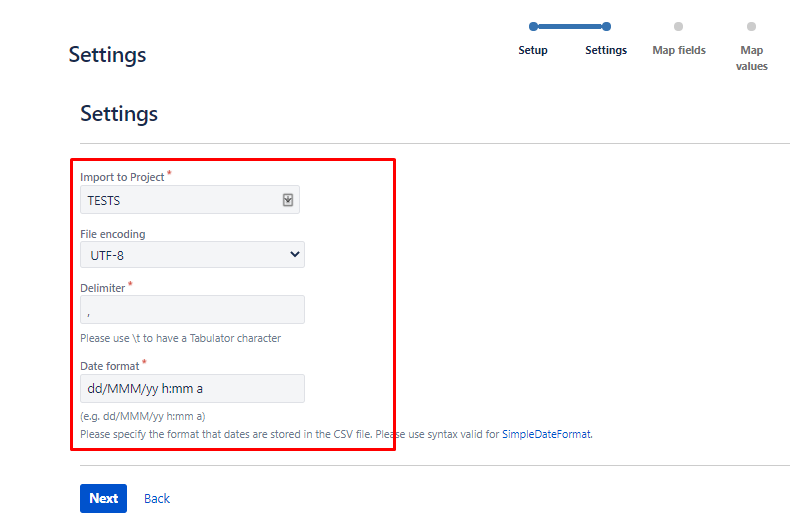Popup Settings to Import Issues From CSV