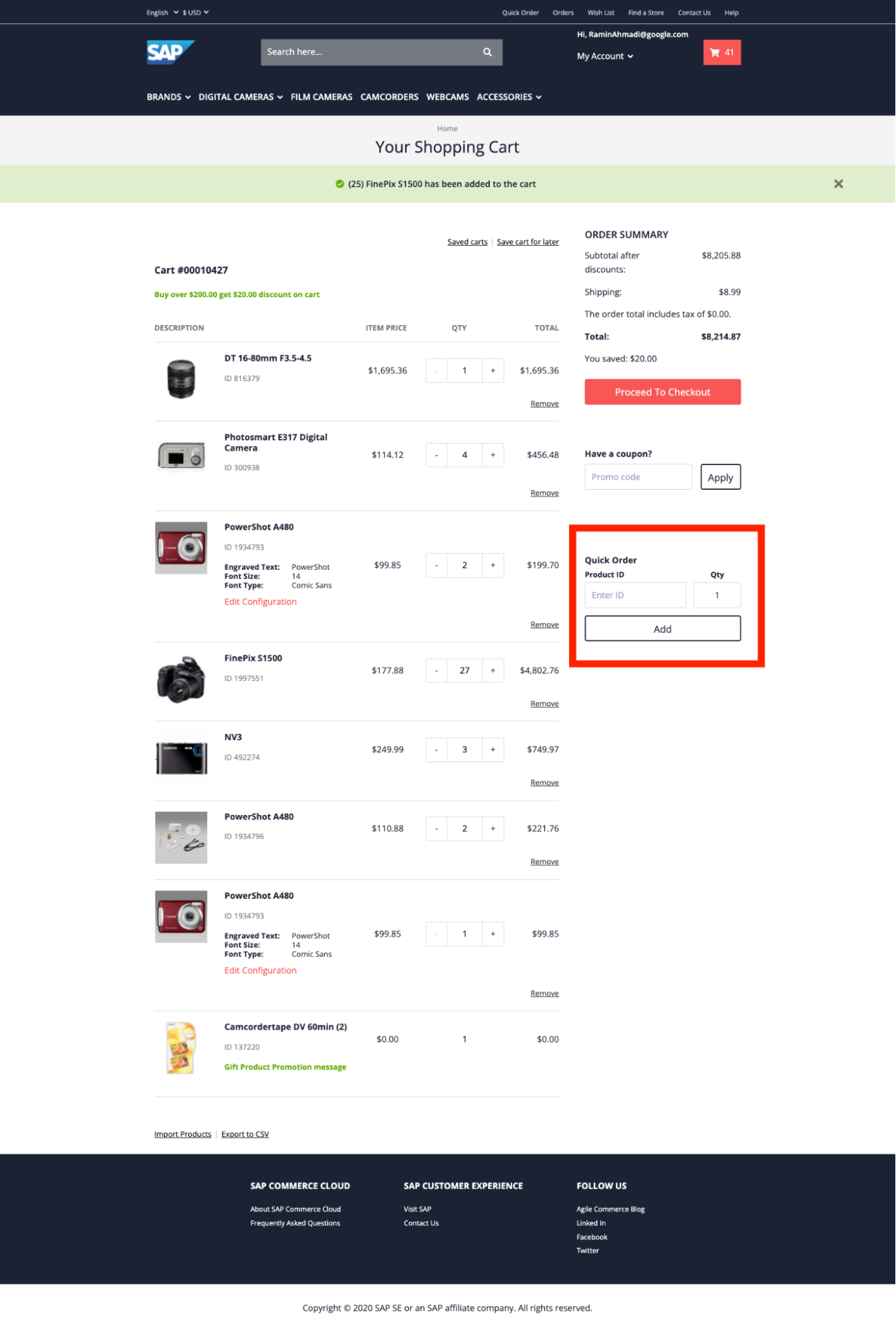 Screenshot of ‘Quick Order’ Feature