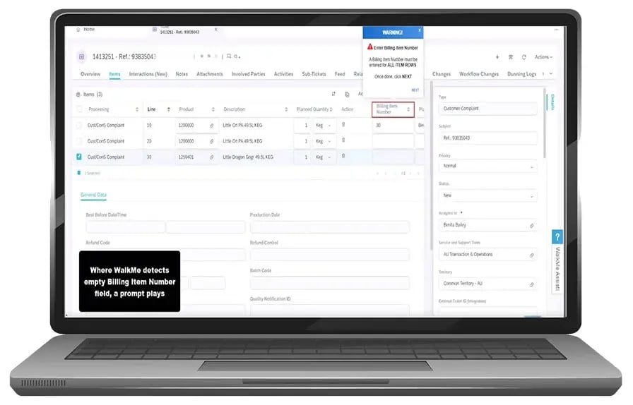 Using a combination of intelligent tools, WalkMe validates inputs and prompts users to complete missing fields, ensuring credits are applied accurately.