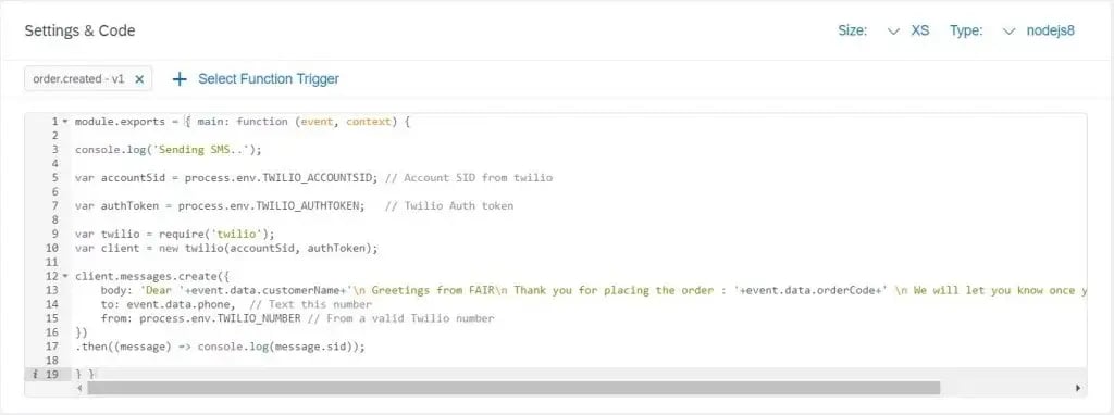 lambda function which utilises Twilio node.js APIs to send SMS to customers
