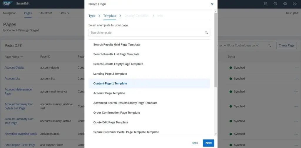 select the template for the page
